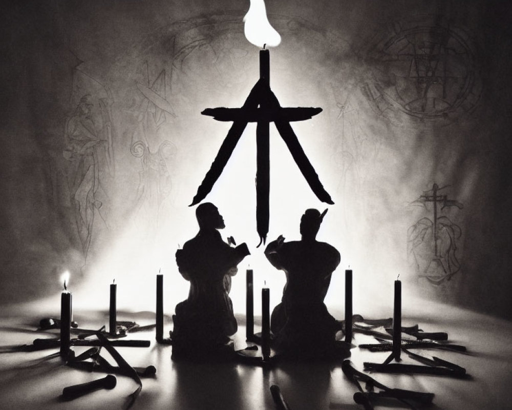 Silhouetted figures kneeling by large flame and symbols.