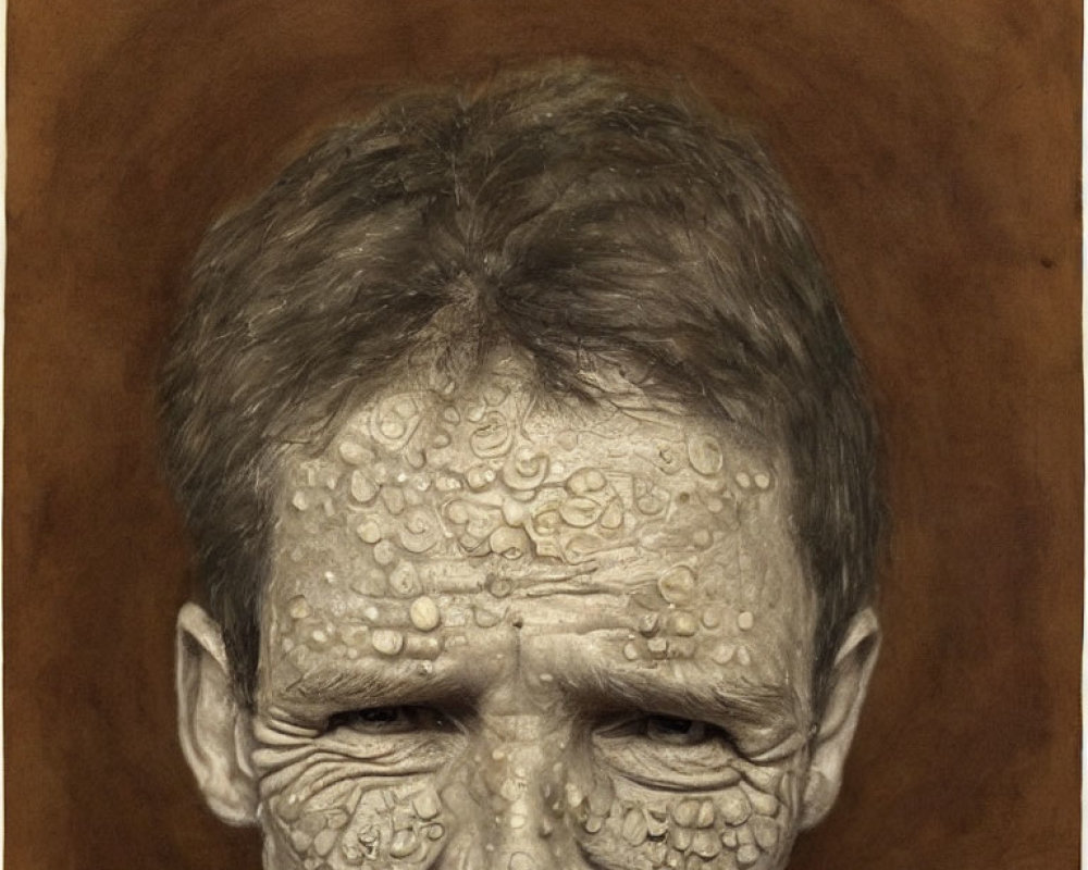 Surreal portrait of person with raised swirl patterns on skin against warm brown background