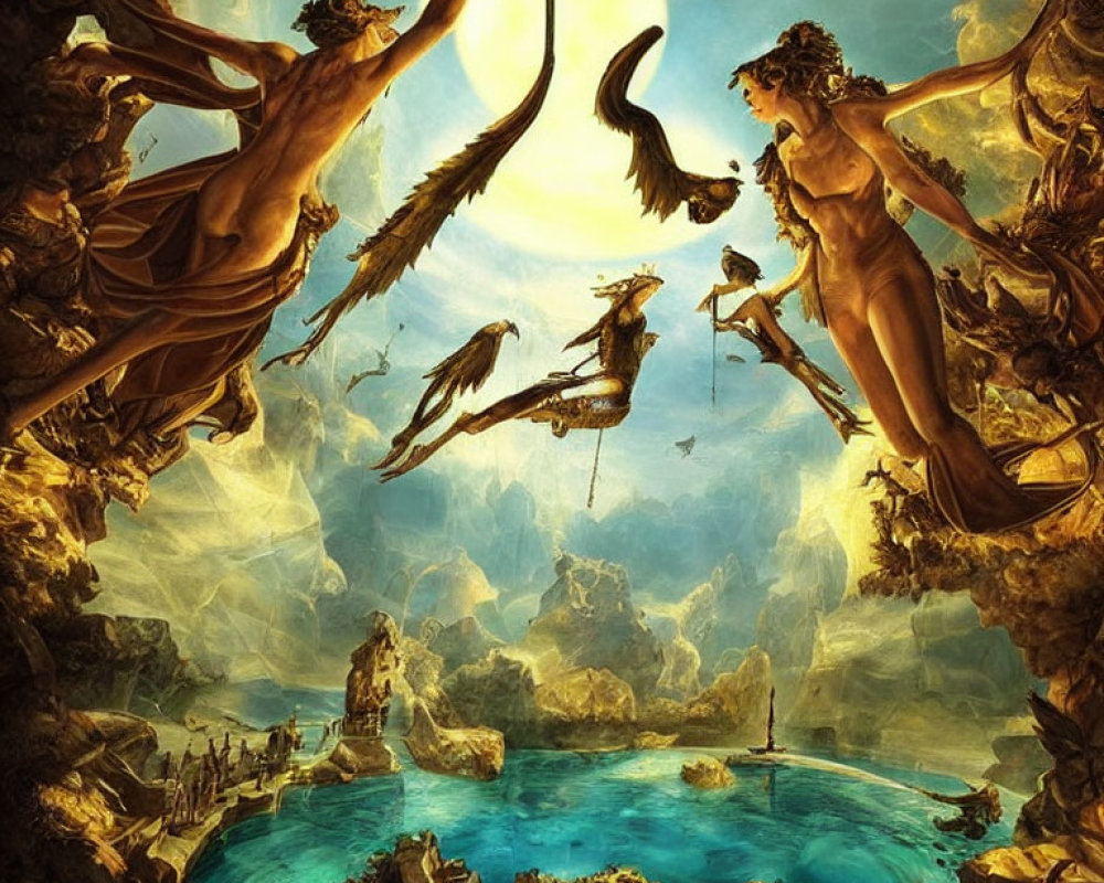 Fantastical winged figures soar around central moon in idyllic landscape