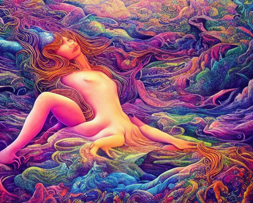 Colorful Psychedelic Artwork of Nude Female Figure with Nature Patterns