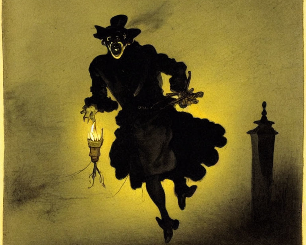 Mysterious silhouette with top hat and cape on yellow backdrop