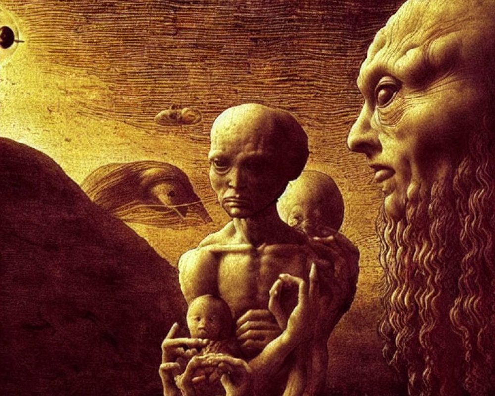 Surrealist painting: Giant face, humanoid figure with baby, barren landscape, floating orb