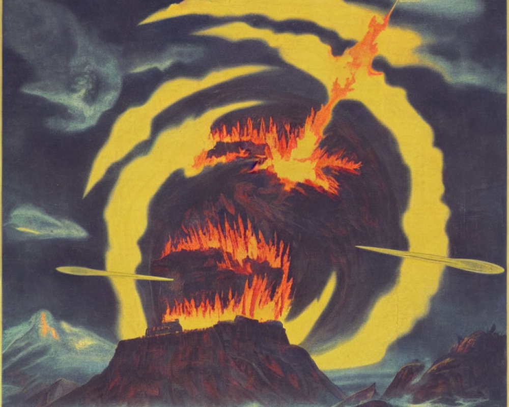 Vintage-style Illustration of Volcanic Eruption with Flying Saucers