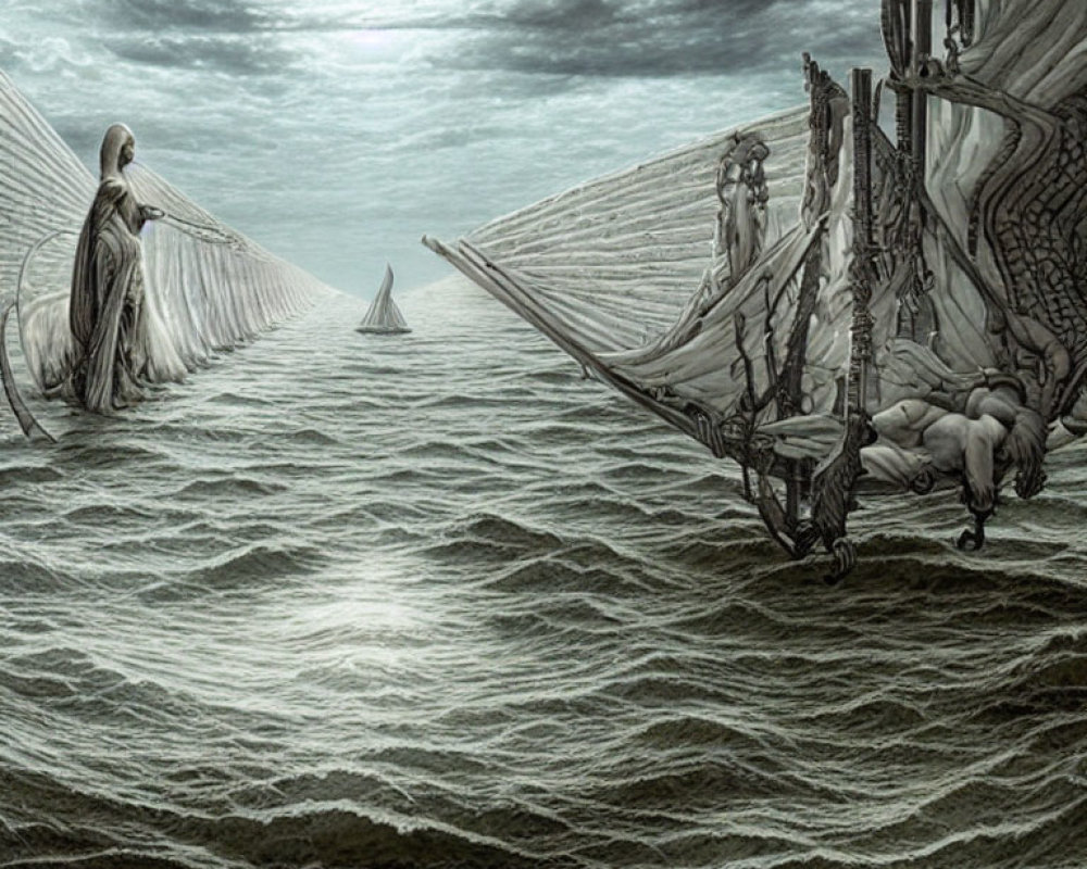 Surreal artwork: Robed figures, skeletal ships on wavy sea