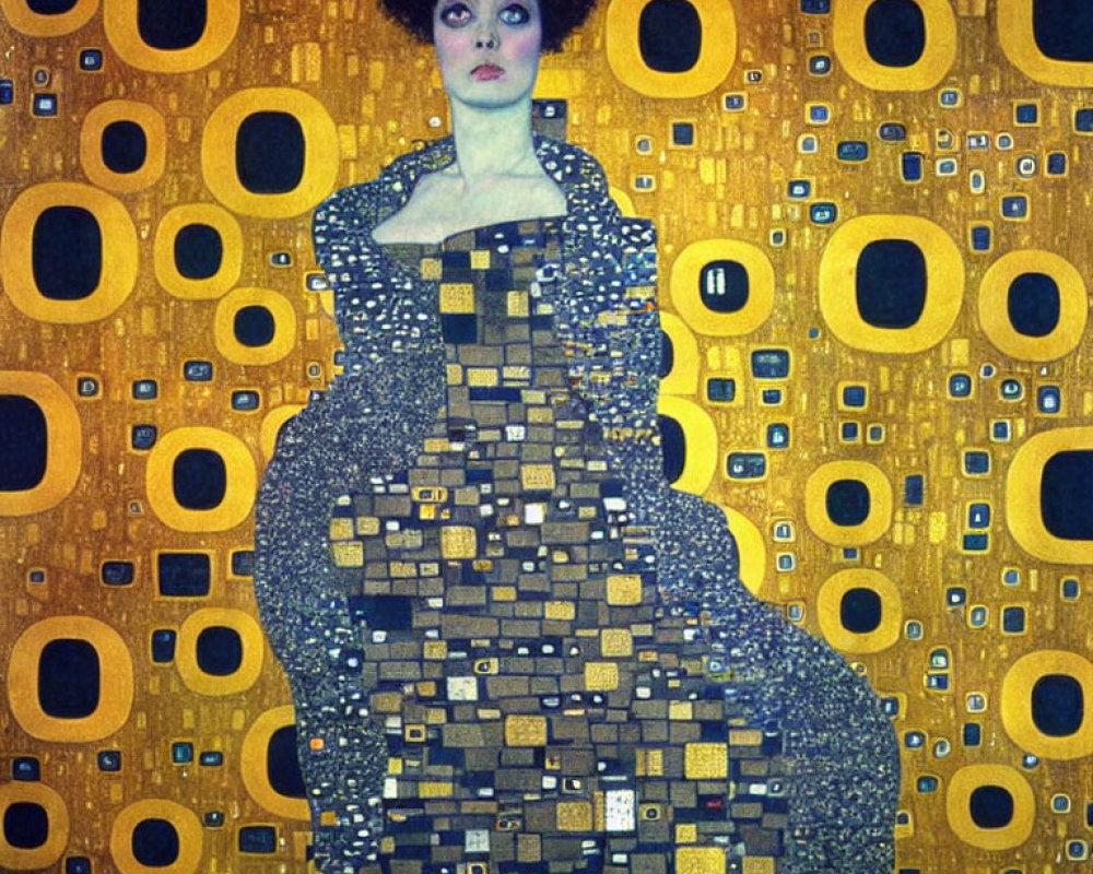 Pale Woman in Mosaic Gown on Golden Background with Geometric Shapes