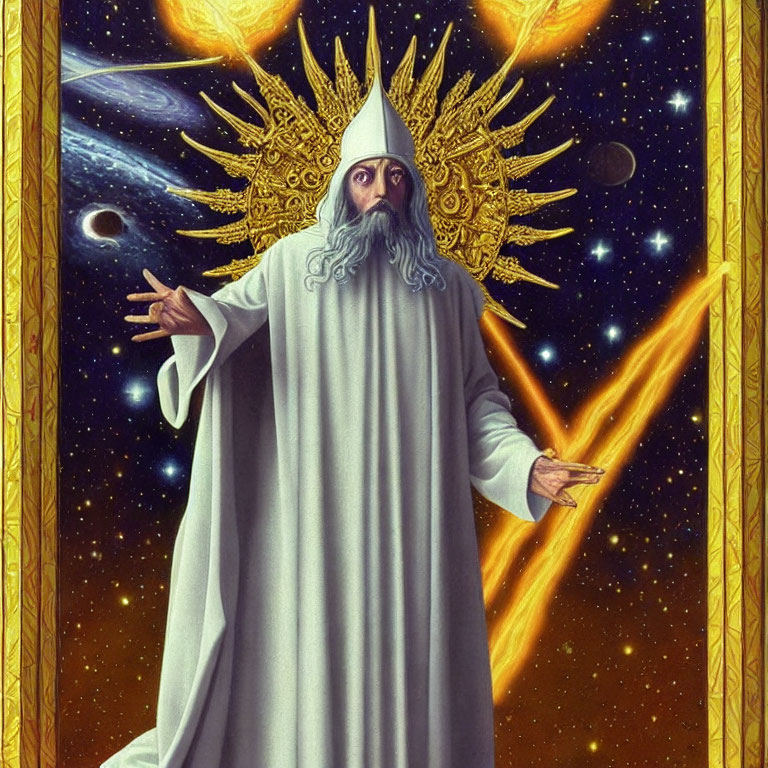 Bearded figure in robe with sun headpiece in cosmic setting