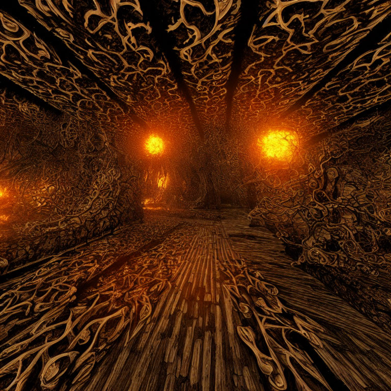 Surreal fiery forest path with intricate tree roots and glowing orbs