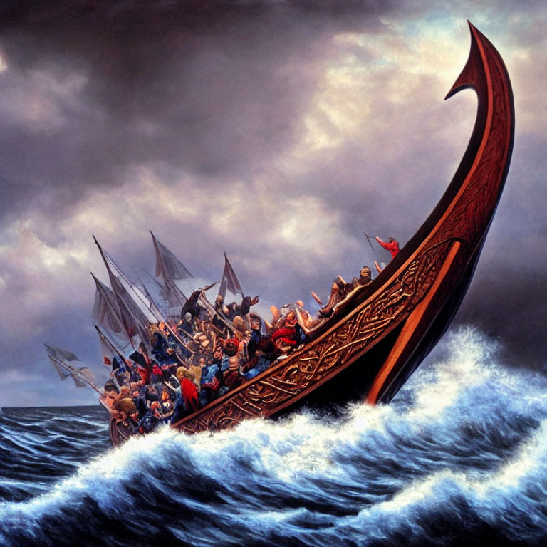 Vikings on traditional longship in stormy seas