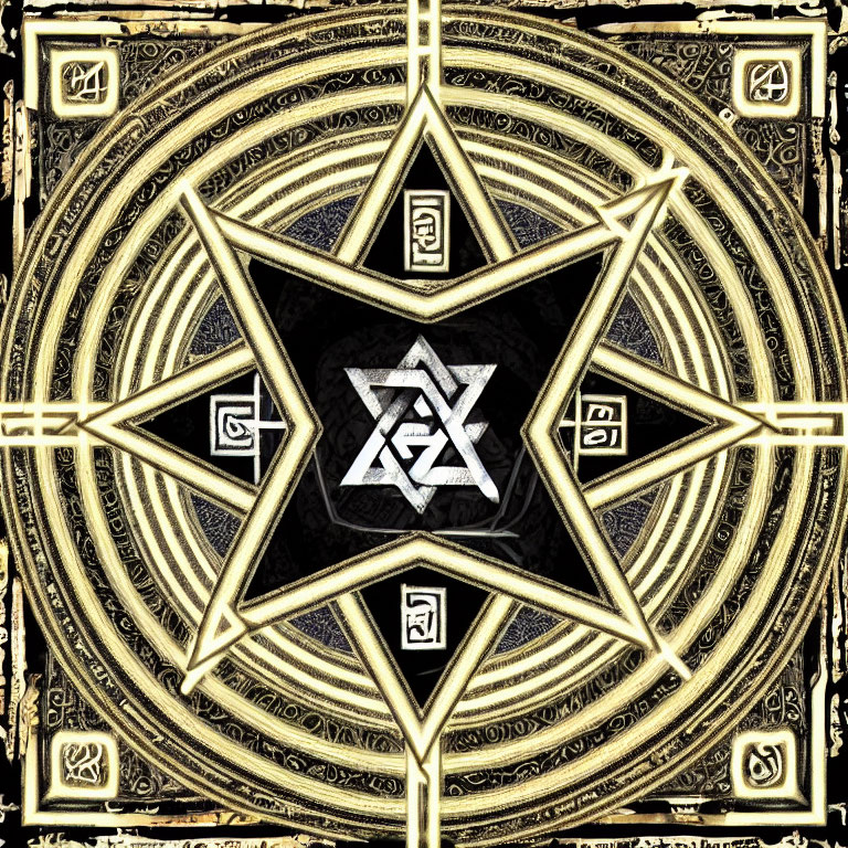 Intricate Golden Pentagram with Star of David on Black Background