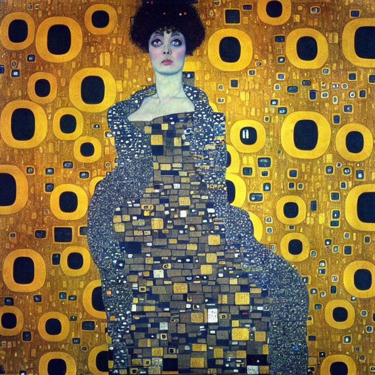 Pale Woman in Mosaic Gown on Golden Background with Geometric Shapes