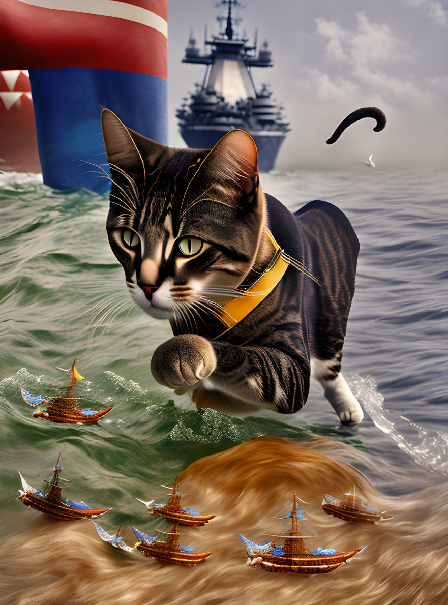 Giant cat in surreal illustration with sailing ships and battleship