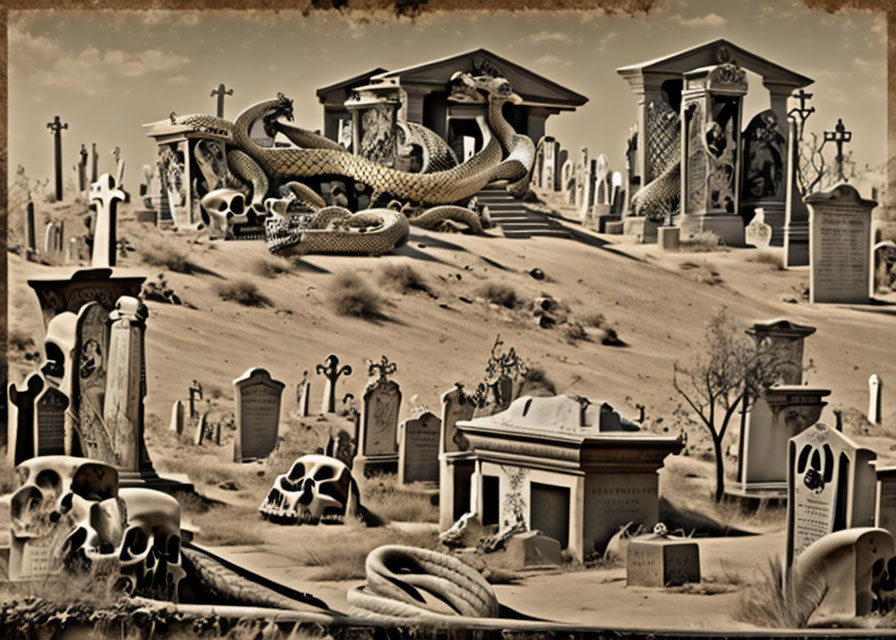 Sepia-Toned Fantasy Graveyard with Oversized Snakes and Ornate Tombstones