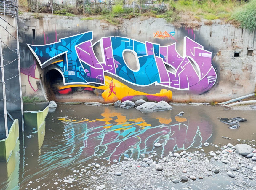 Vibrant graffiti art on concrete wall near water with reflection.