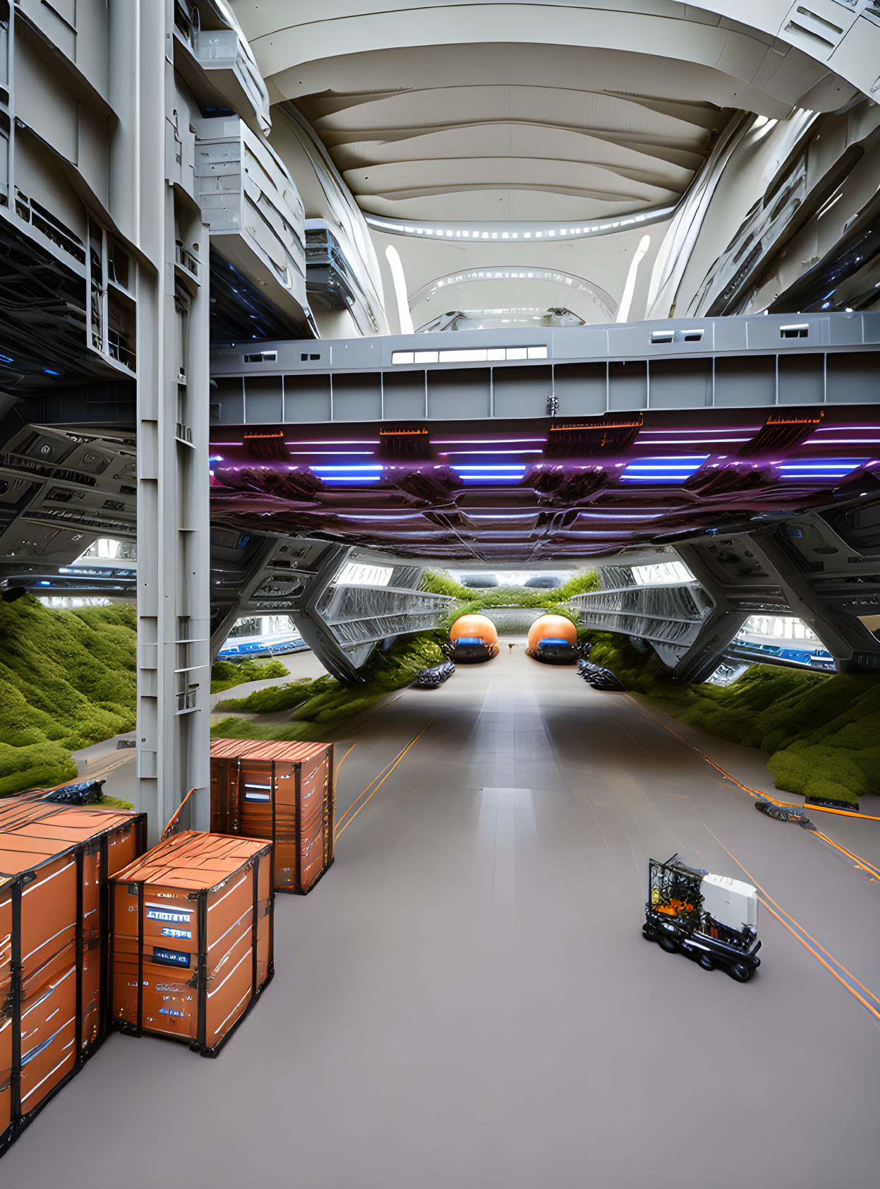 Futuristic industrial interior with high ceiling, purple lights, green shrubbery, orange cargo containers