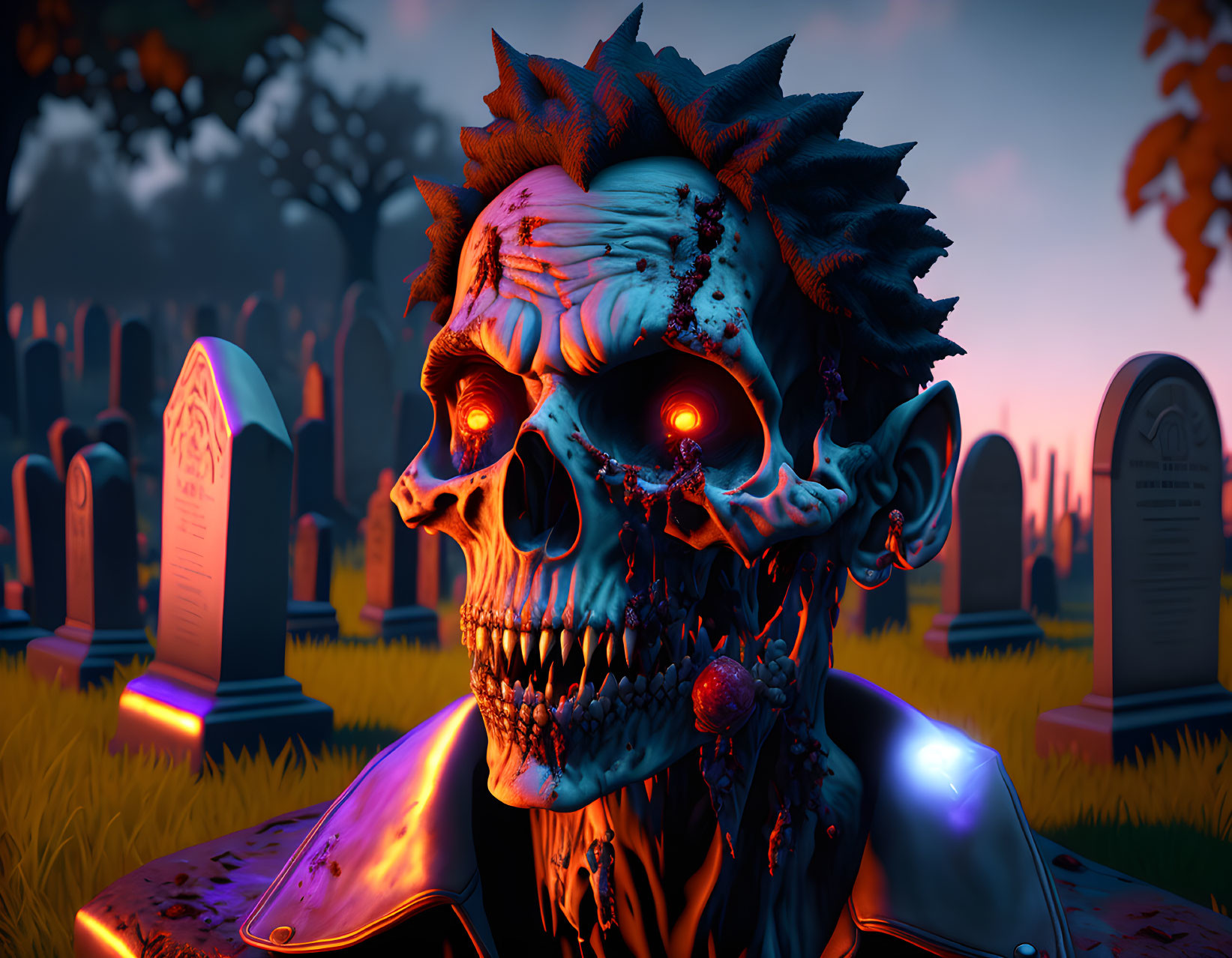 Detailed 3D zombie illustration in spooky graveyard