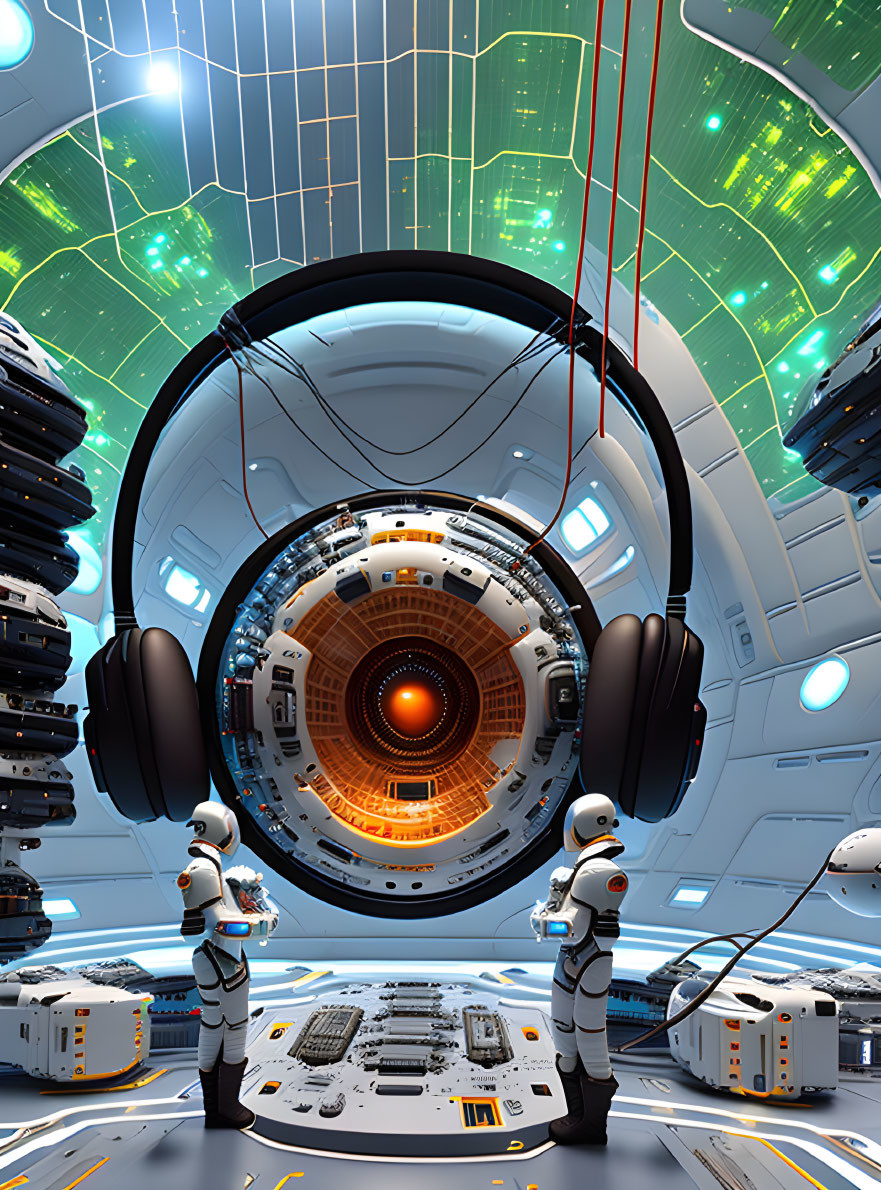 Futuristic control room with robots, headphones, and circular screen