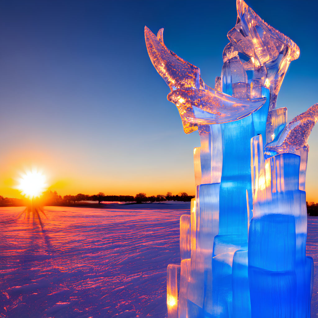 Sunset illuminates glowing ice sculpture on snowy terrain