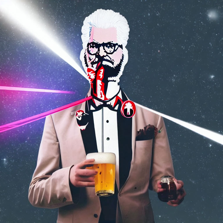 Illustration of a person in tuxedo holding a beer with neon lights.