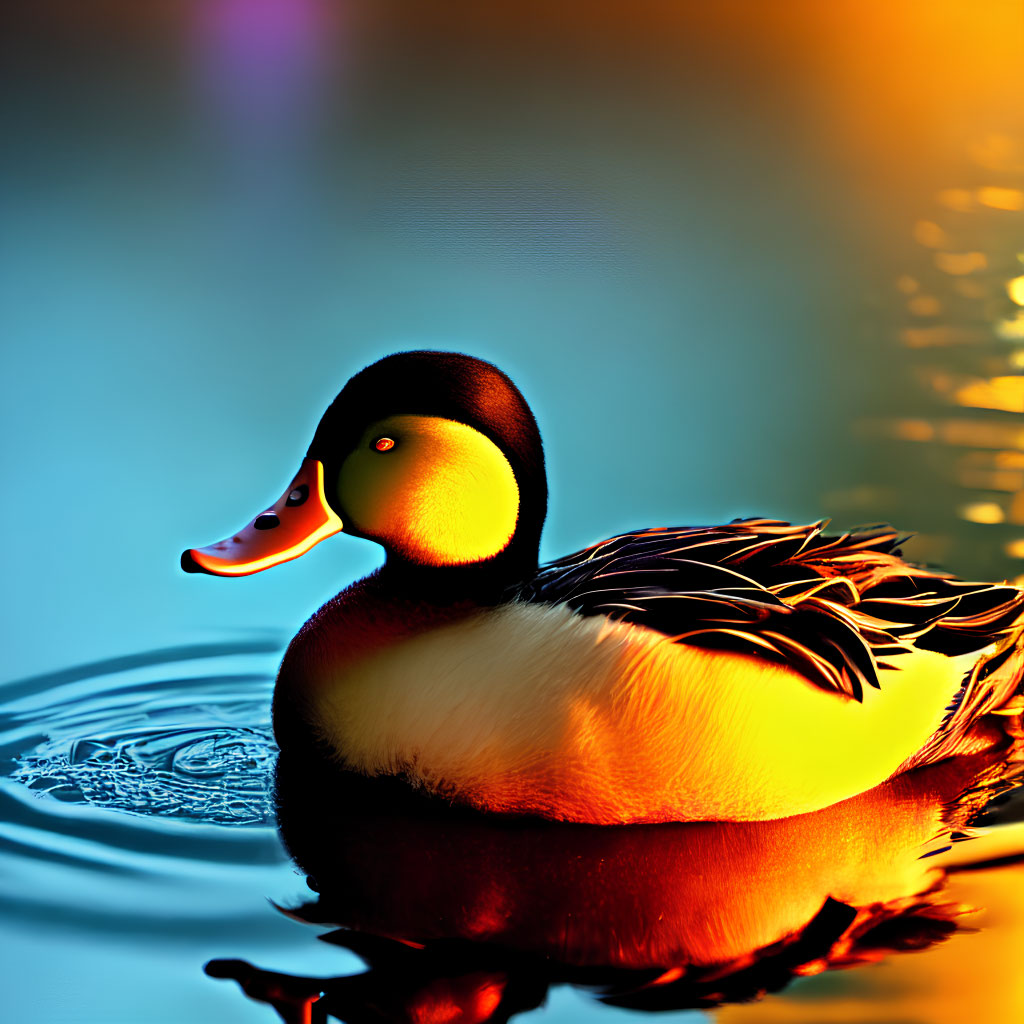 Vivid Yellow and Blue Lit Duck Portrait with Reflection in Water