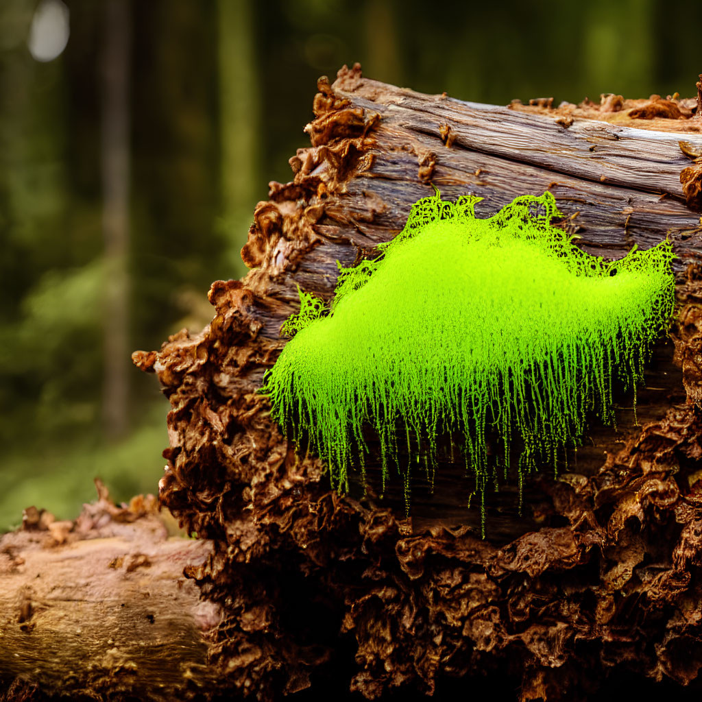 Vibrant green paint drips on weathered log in forest.