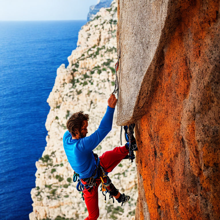 Blue climber scaling steep orange rock near vast sea with secure gear.