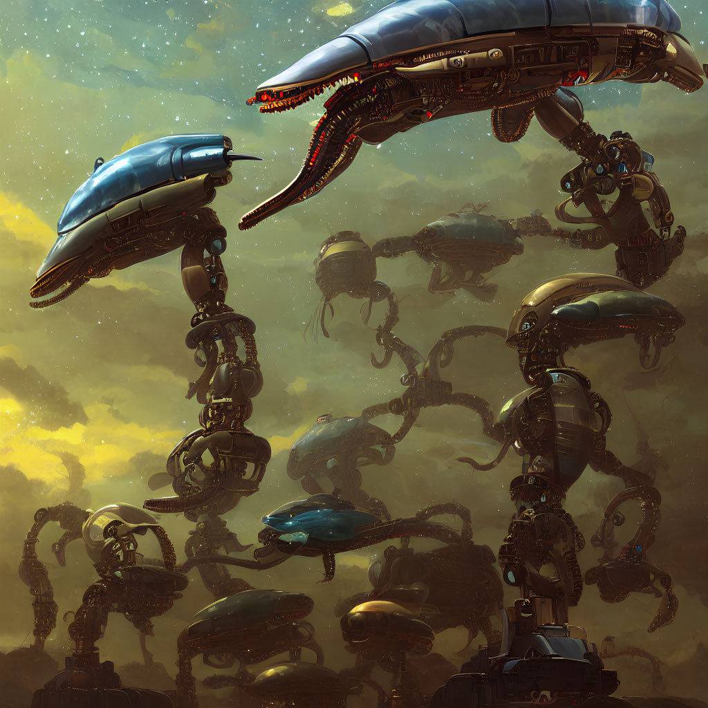 Elongated mechanical creatures hover in golden sky