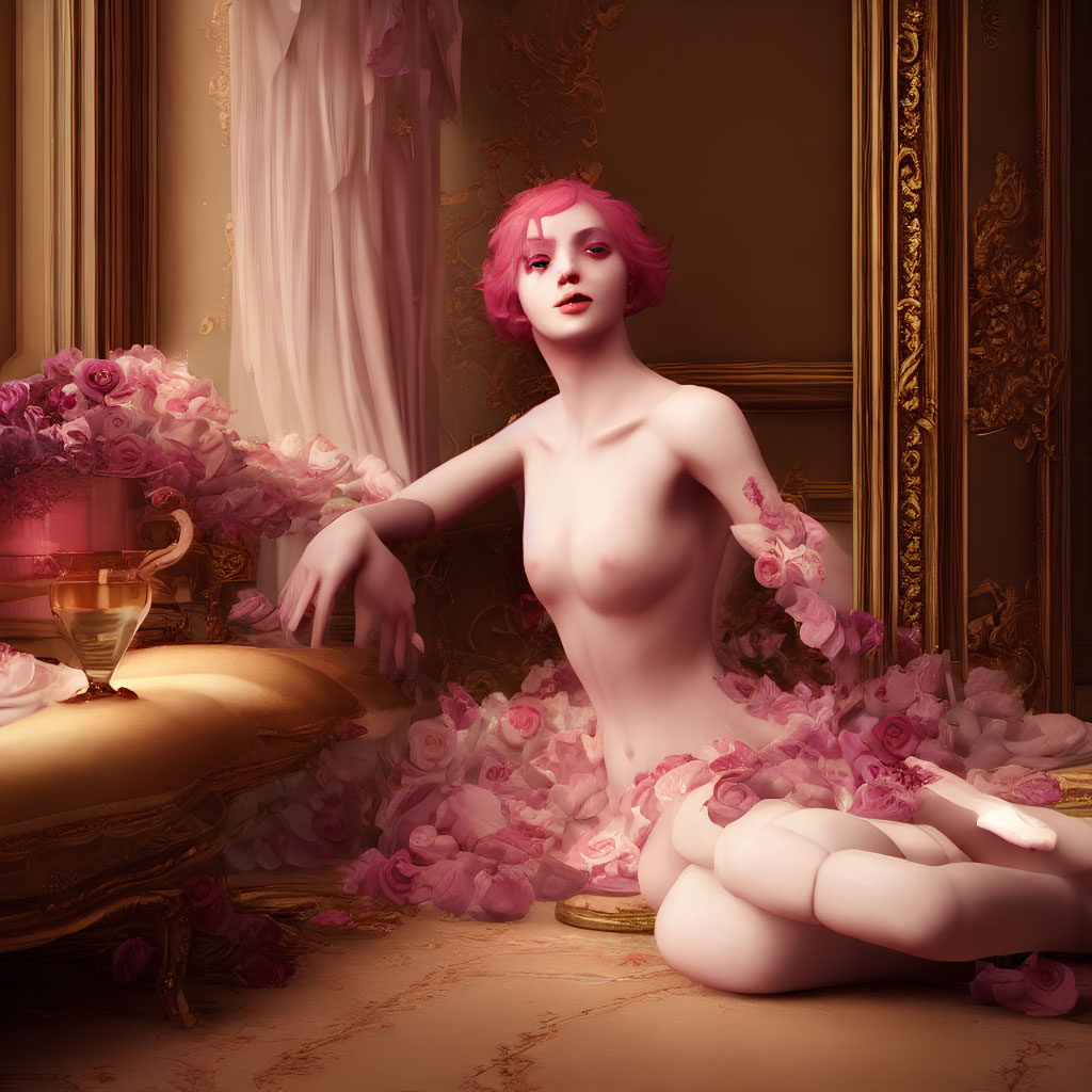 Surreal pink-haired figure in opulent room with roses