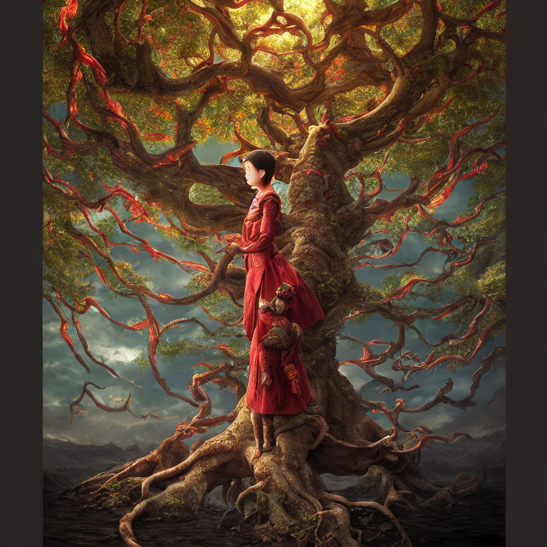 Person in Red Dress on Twisted Tree Roots Under Whimsical Canopy