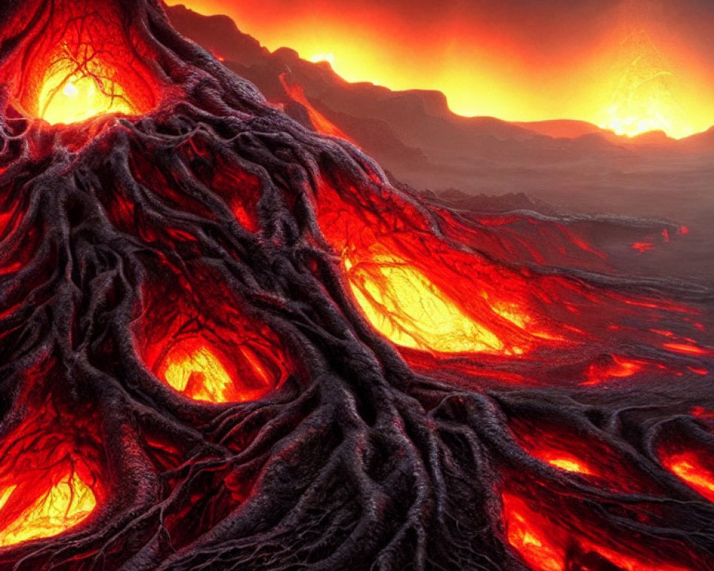 Fiery volcanic landscape with flowing lava under dark sky