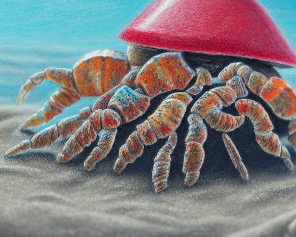 Colorful Crab with Red Shell Walking on Sandy Terrain Showing Detailed Textures