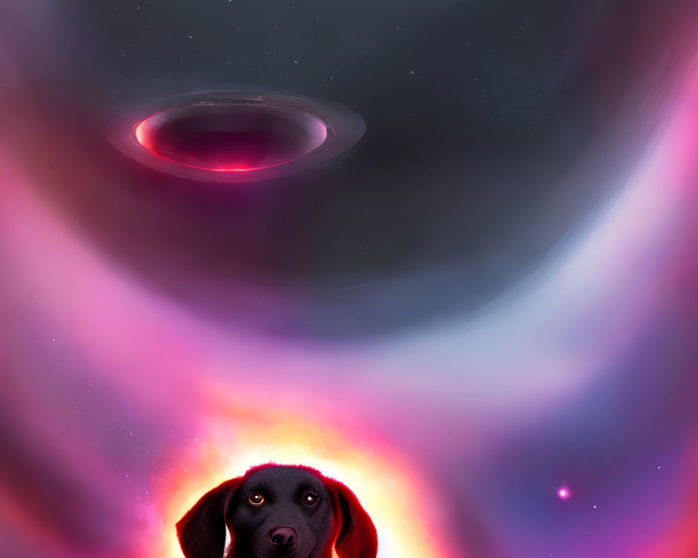 Curious black dog gazes at vibrant cosmic scene with UFO in pink and purple clouds