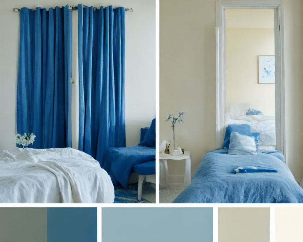 Blue-themed Bedroom with Matching Decor and Color Palette