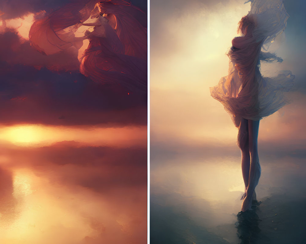 Ethereal figures in flowing garments above reflective surfaces