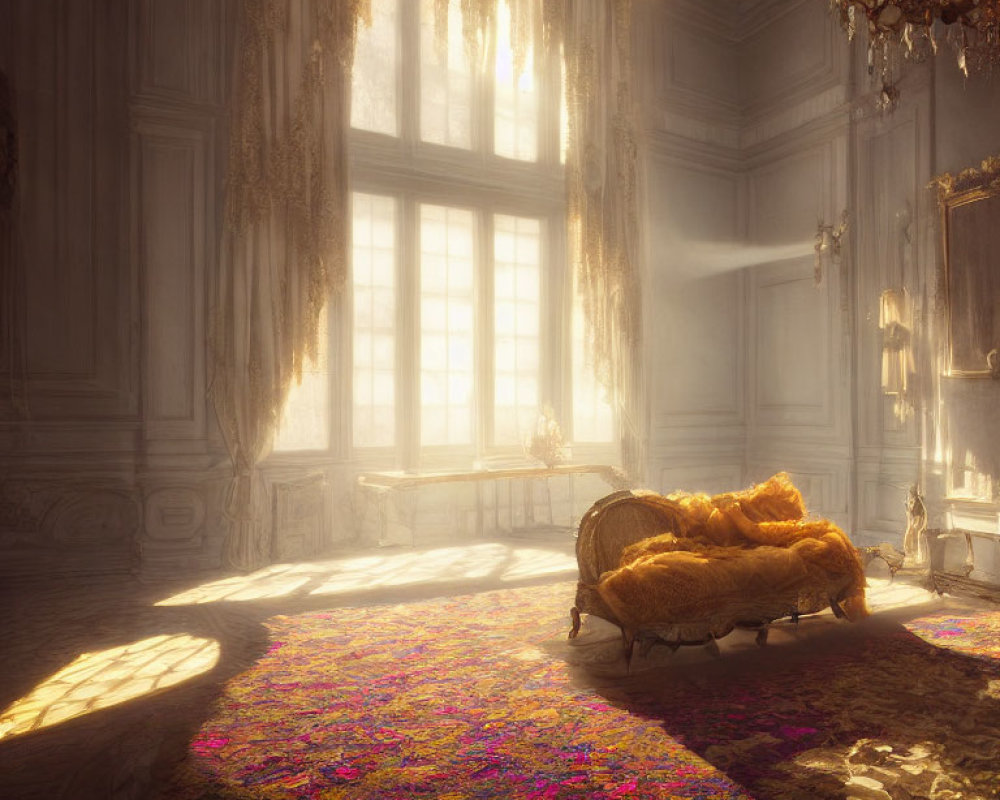 Sunlit ornate room with golden chaise lounge & colorful carpet