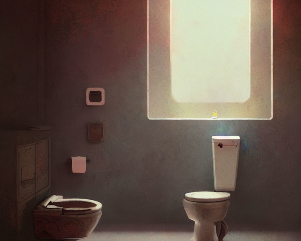 Vintage-style bathroom with soft lighting, frosted window, toilet, sink, and fluffy mat