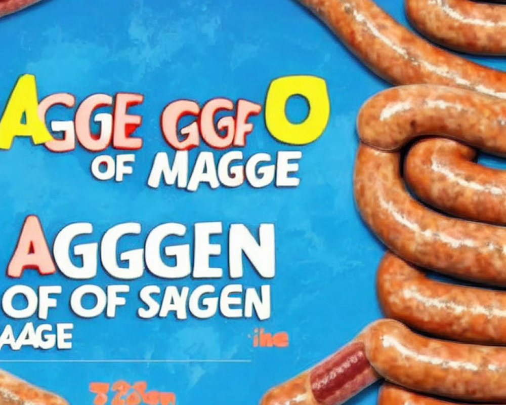 Multiple sausages close-up on blue background with obscured text.