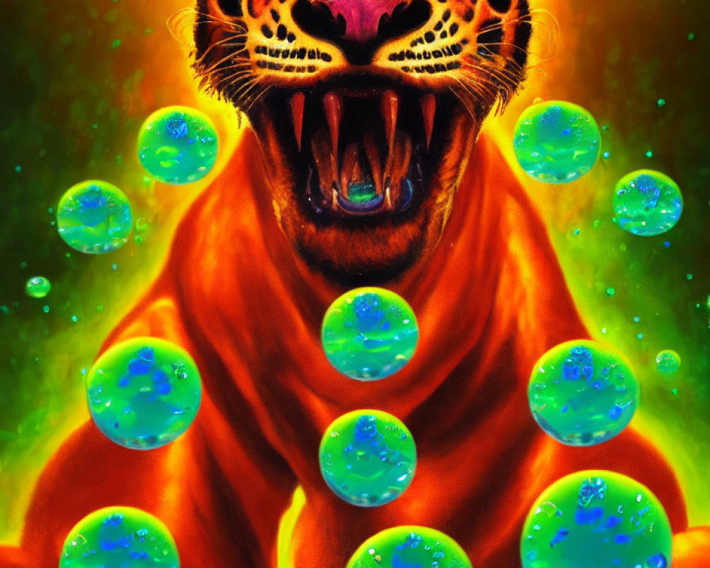 Vibrant snarling jaguar surrounded by green bubbles on fiery background