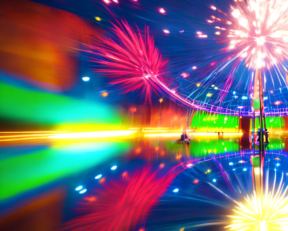 Colorful fireworks illuminate fairground with water reflections