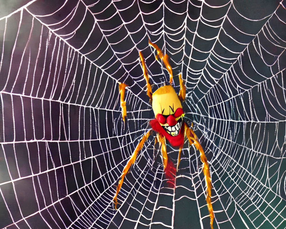 Cartoonish villainous face on large spider in dew-covered web