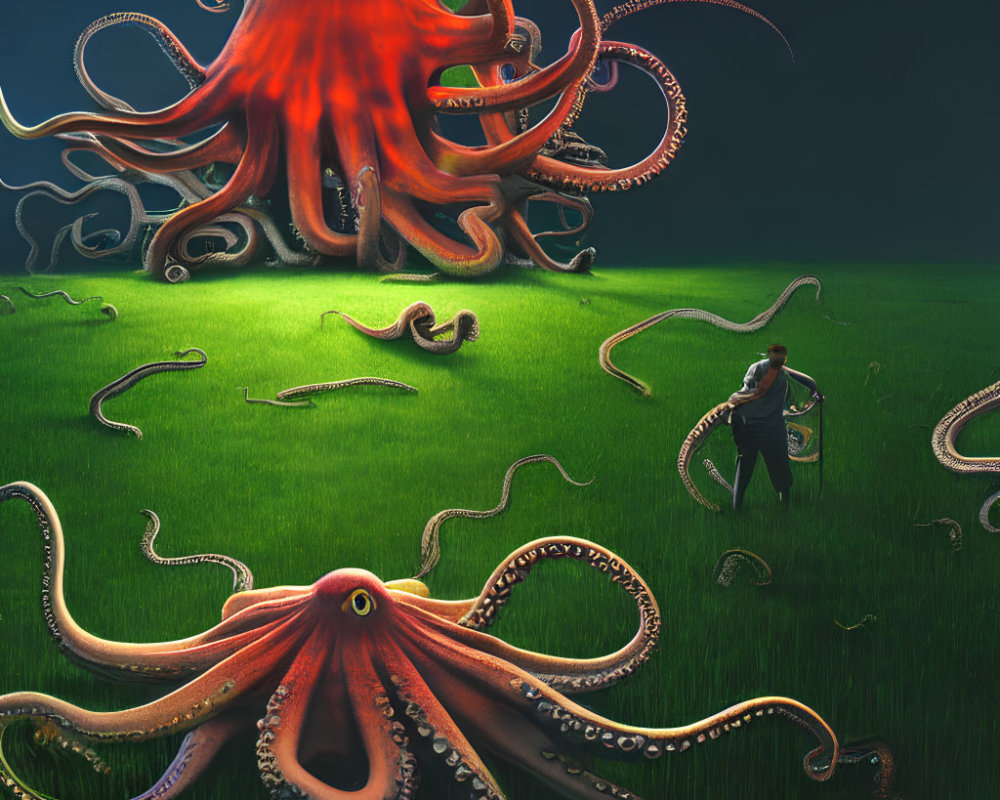 Person in green field gazes at giant red octopus under dark sky