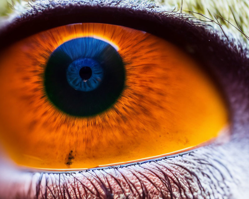 Detailed close-up of human eye with orange iris and dilated pupil.