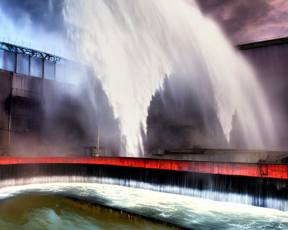 Powerful waterfall cascading from large dam under dramatic sky