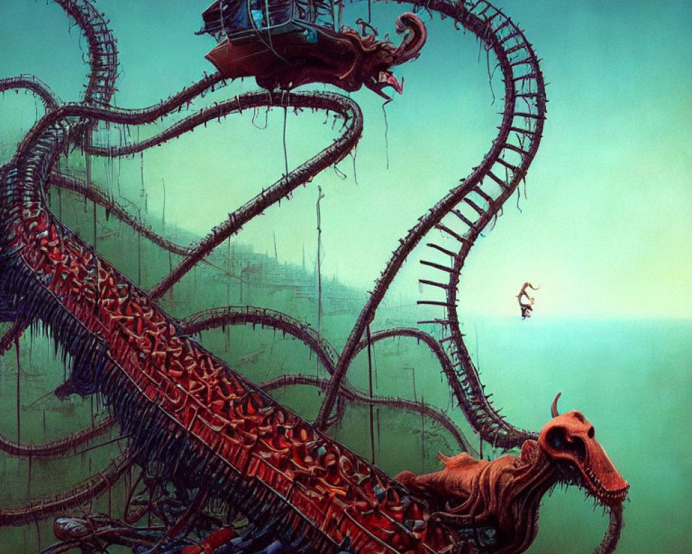 Surreal animal-headed roller coaster in dystopian setting