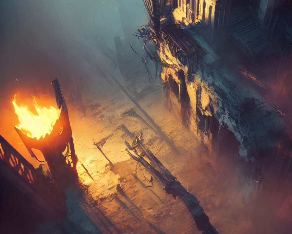 Foggy street in decrepit city with glowing brazier fire