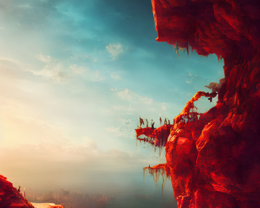 Fantastical landscape with reddish rocky cliff and surreal body of water