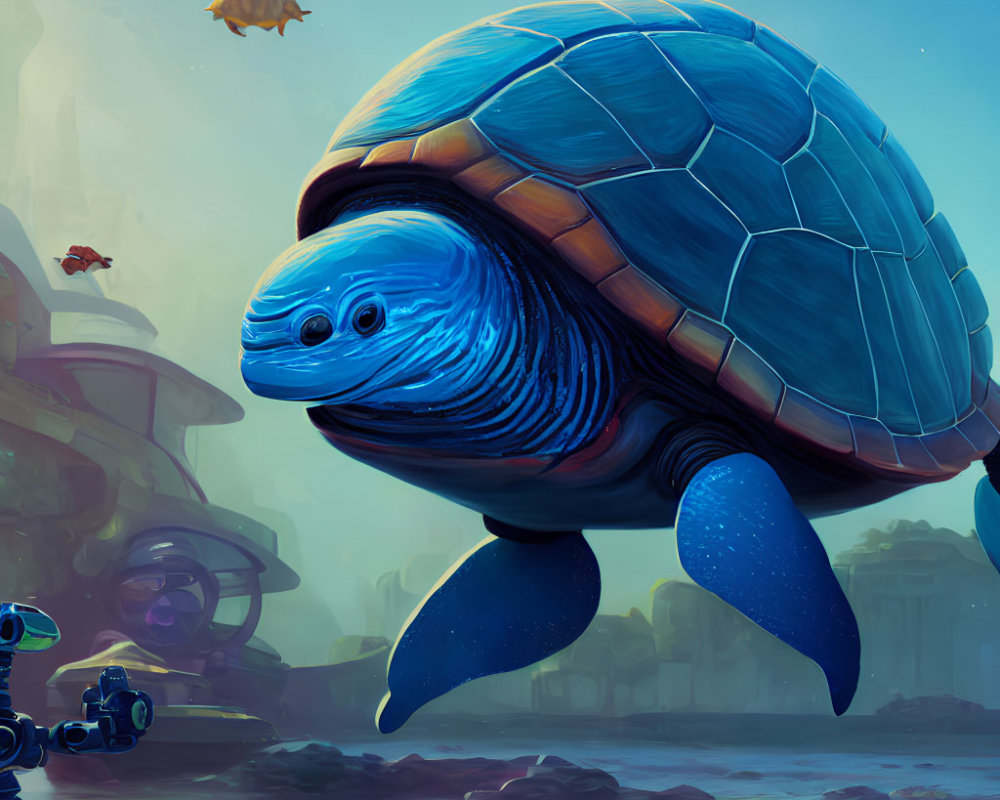 Giant turtle flying in futuristic cityscape with underwater elements