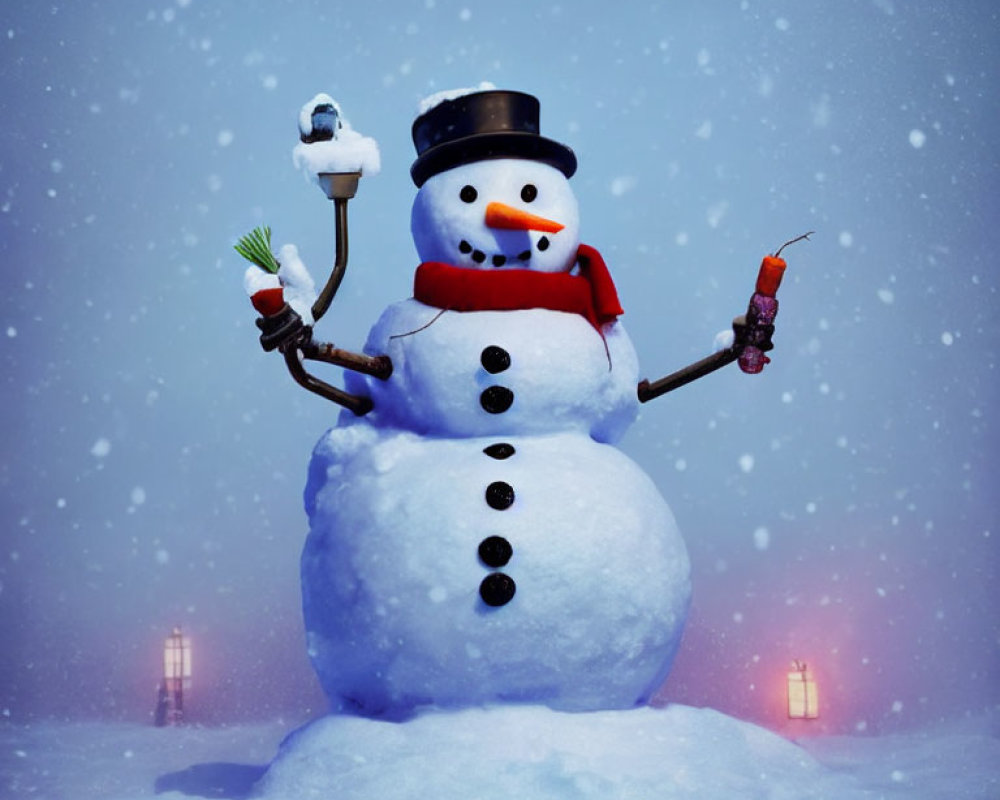 Snowman with Top Hat, Orange Scarf, and Broom in Snowy Scene