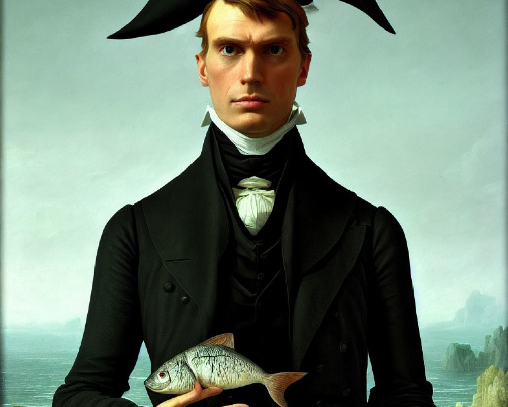 Historical man holding a fish by the coast under cloudy sky