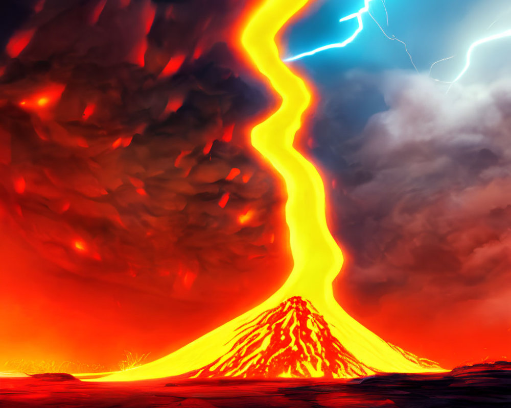 Volcanic eruption with lightning bolt in dark sky