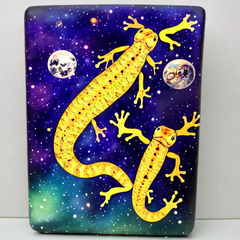 Yellow Geckos with Cosmic Background on Vertical Surface